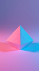 A minimalist geometric polyhedron illuminated by vibrant pink and blue gradient lighting on a soft purple background.