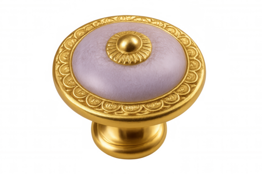 Classic vintage furniture knob shining with golden frame and delicate mother-of-pearl inlay, isolated on transparent background