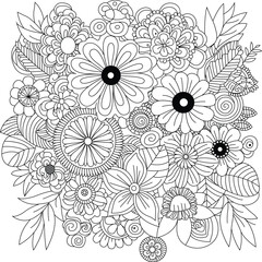 Intricate black and white floral pattern full of detailed flowers and leaves for coloring white background © Shaidul