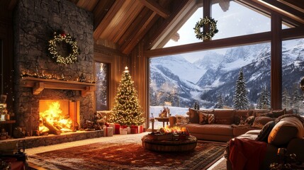 A snowy mountain lodge with a roaring fire and warm holiday decor 