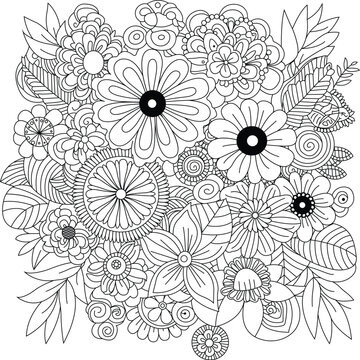 Intricate black and white floral pattern full of detailed flowers and leaves for coloring white background