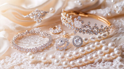 Fototapeta premium Elegant bridal jewelry set on soft lace and silk background. Beautiful accessories for wedding fashion and luxury.