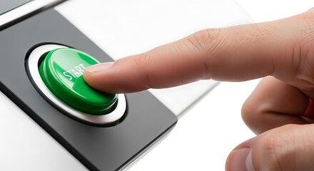 Man's Finger Initiating Action by Pressing Green Start Button