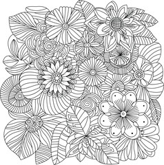 Intricate floral design coloring page captures detailed line art of blossoms and leaves for creative relaxation white background