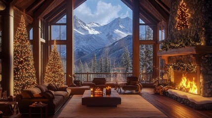 Fototapeta premium A snowy mountain lodge with a roaring fire and warm holiday decor 