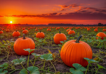 Obraz premium ripe pumpkins in the autumn field waiting to be harvested at sunset