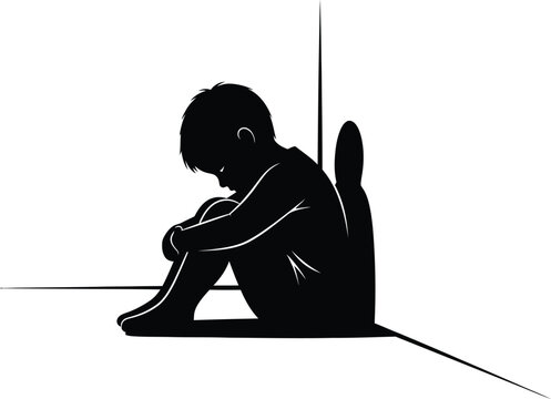 Silhouette of a sad child sitting in corner, conveying feelings of sadness, depression, and loneliness