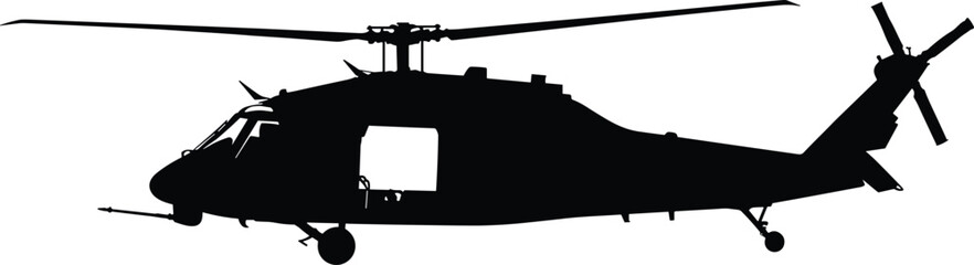 Military helicopter silhouette, Black Hawk vector, troop transport aircraft, tactical aviation icon, rotor blades, defense graphic, medevac illustration © Bappi Creatives