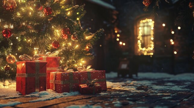 Christmas presents under a twinkling tree, waiting to be opened