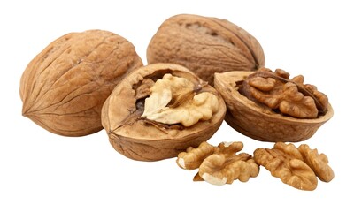A single walnut with its shell cracked open rests near a group of whole walnuts on a white...