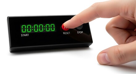 Hand Pressing Reset Button on Black Digital Timer with Green Display