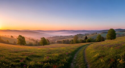 Obraz premium Sunrise over a field with trees and a path in the countryside landscape