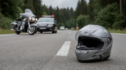 Fototapeta premium A car, helmet and motorcycle on the road, the concept of road accidents