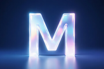 Lowercase letter m made with futuristic holographic effect, soft light reflections, placed on minimalist background