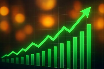 Obraz premium A vibrant green graph, showcasing upward trends with an arrow, overlaid on a bokeh background.