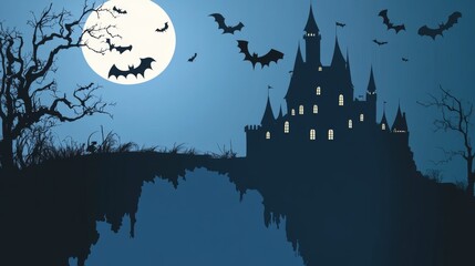 Fototapeta premium A dark castle on a cliff with bats flying in the night sky 