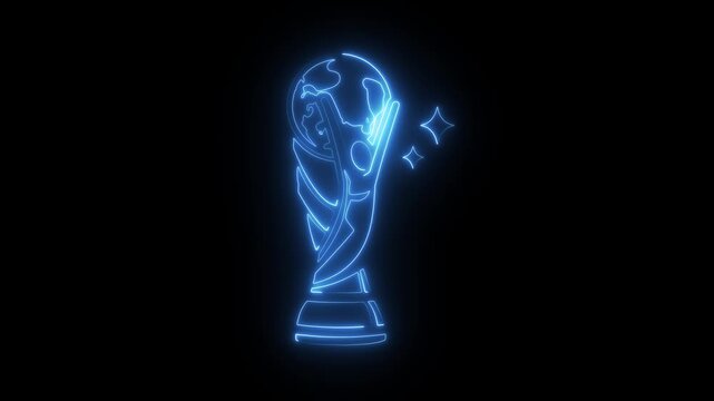 Glowing Neon Blue World Cup Trophy Outline with Sparkles on Black Background Celebration Victory