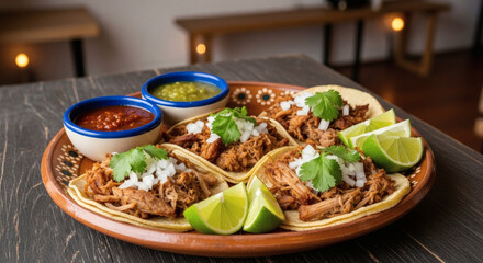 Four Mexican Carnitas Tacos on a Traditional Rustic Plate