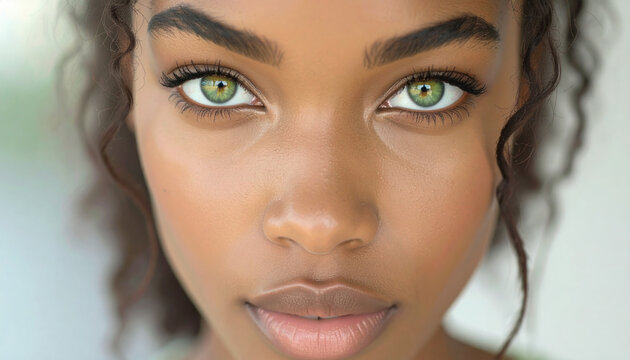 close up de la cara de una mujer negra joven y guapa con piel cuidada perfecta y ojos verdes con una expresion firme y mirada intensa