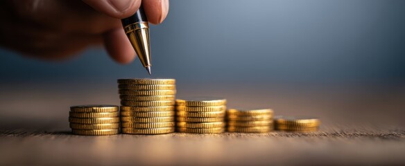 The hand holding a pen poised over a stack of gold coins.