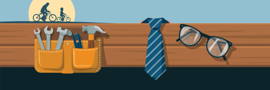 Father's day illustration with tools, tie, glasses, and a father and son biking in the background - Powered by Adobe