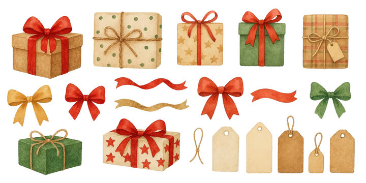 Watercolor Christmas set. Collection of hand-drawn festive elements isolated on white background: gift boxes with ribbons, bows, paper tags and holiday decorations.