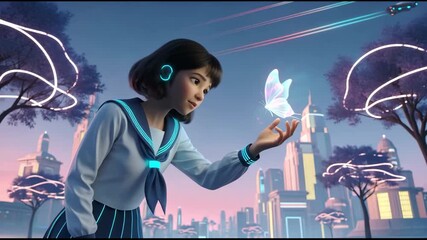 3D animation Girl character curious looking glowing inspects a floating holographic butterfly in a futuristic city utopian cityscape background