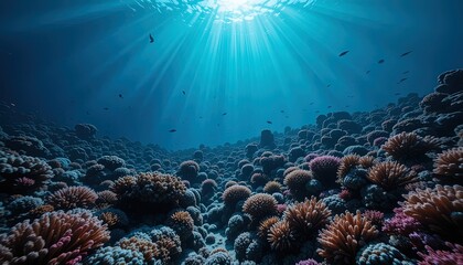 Fototapeta premium Vibrant coral reef teeming with marine life, bathed in sunlight filtering through the azure water.