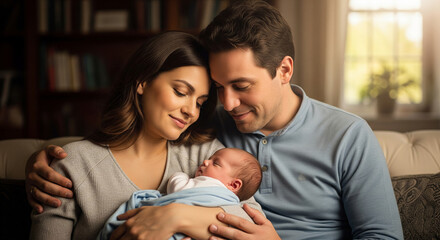 Happy couple, a new mother and father, holding their sleeping newborn baby with love and affection, sharing a quiet, joyful family moment together at home