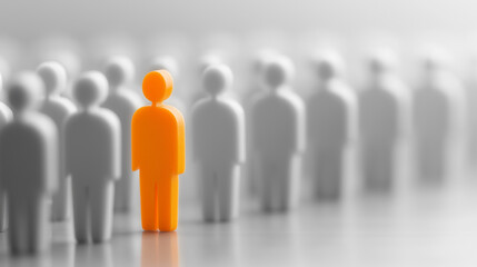Orange figure contrasting against dull gray crowd, ideal for concepts like individuality, standing out, uniqueness, leadership, and diversity.