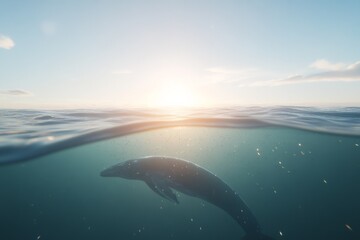 Fototapeta premium Majestic whale swimming underwater at sunrise