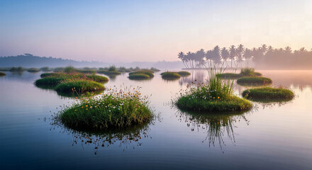 Naklejka premium Tranquil morning mist over a lake with small islands of floating vegetation in India