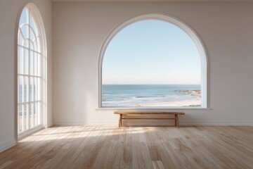 Fototapeta premium Bright, airy interior scene with large arched windows framing a beachside ocean view