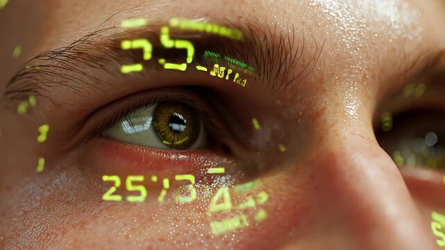 Close-up of a male face with digital data projections reflecting in eyes, showcasing a futuristic interface and immersive technology experience in a seamless motion sequence
