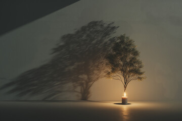 Tree grows from a candle casting a large shadow. Ideal for nature, growth, hope, light, shadow, and concept themed designs.
