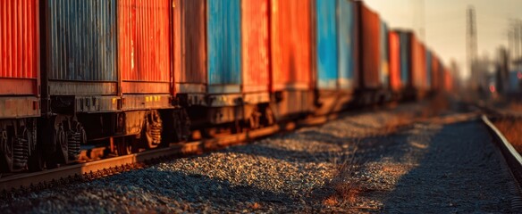 The freight train transports colorful containers along the railway during sunset.