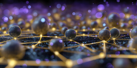 Interconnected spheres on a network with purple bokeh elements. Suitable as a background for technology or connectivity concepts in design.
