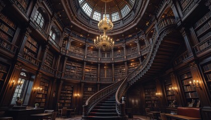 Obraz premium A grand, circular library boasts intricately carved wooden bookshelves, spiraling staircases, and antique chandeliers, bathed in warm, inviting light.