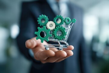 A hand presents a miniature shopping cart filled with interlocking gears, symbolizing efficient e-commerce operations