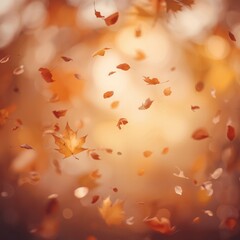 Falling autumn leaves with golden sunlight and warm bokeh background, seasonal orange and yellow foliage in soft blur, natural fall season texture for design and decoration