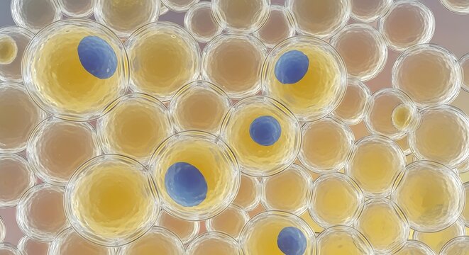 Adipose tissue fat cells with nuclei under microscope showing detailed human body structure for biology and medical research
