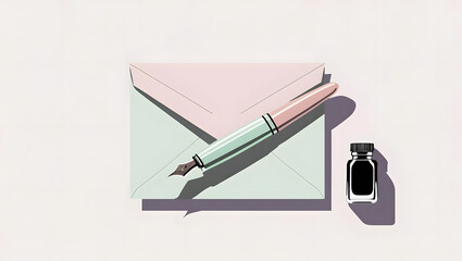 Elegant fountain pen with ink bottle ready to write personal letter on stylish pastel envelope design