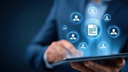 Digital document management system, person interacts with data via tablet