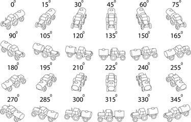 A set of 24 tractors transporting liquid in outline from different angles. Rotate the tractor with a water tank trailer 15 degrees in a contour for animation and video games.