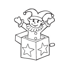 Jack-in-the-box classic toy line art. Cartoon clown jester popping out of a surprise box. Outline vector illustration for coloring book.
