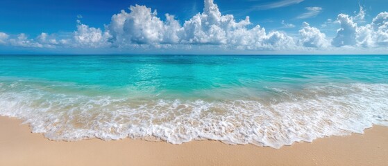 The beautiful beach with turquoise water and dramatic clouds in the sky.