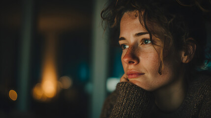 Sad woman upset alone at home night pray hope worried Caucasian girl thinking breakup psychology problem stress crisis anxiety tired disappointed female single frustrated mental trouble depression