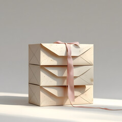Elegant stack of gift boxes with soft pink ribbon conveys luxury and anticipation for birthdays or holidays