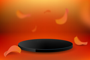 Abstract vector scene with black geometric shape and flying autumn leaves. Cylindrical podium on a orange fall background and red leaves. Product presentation. Layout, podium platform pedestal autumn