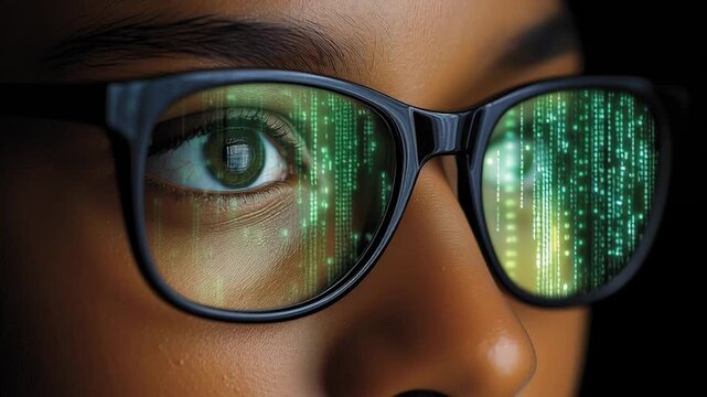 Close-up of a focused individual wearing glasses, eyes reflecting vibrant digital data streams, showcasing the intersection of technology and human perception in a dynamic visual narrative